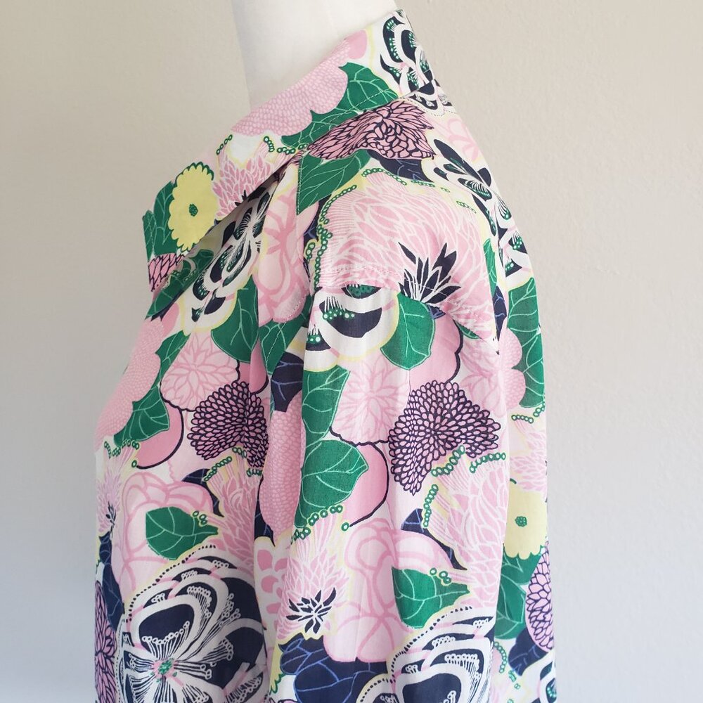 Talbots Blouse 1/2 Button Popover Lightweight Artsy Floral Roll Tab Sleeve Sz M - Picture 4 of 7